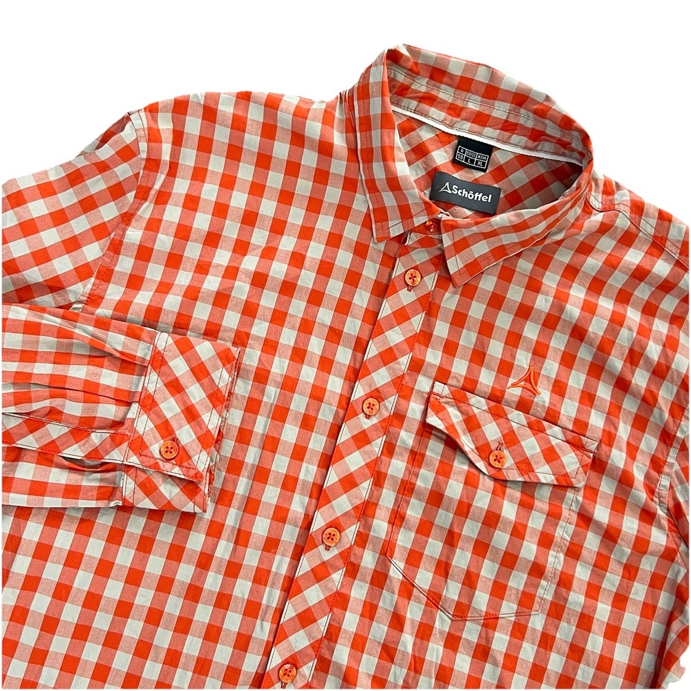 Schoffel Shirt Mens L Gingham Orange Check‎ Gorpcore Hiking Button Down Roll Up